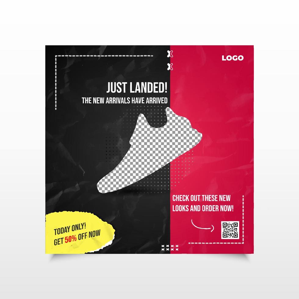 New product sale social media template with crumpled paper texture background vector