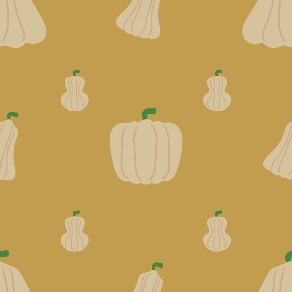 Autumn pattern with white pumpkins. Concept of seamless pattern for design of menu banner websites. Vector illustration. Image of pumpkins isolated on colored background. Design element