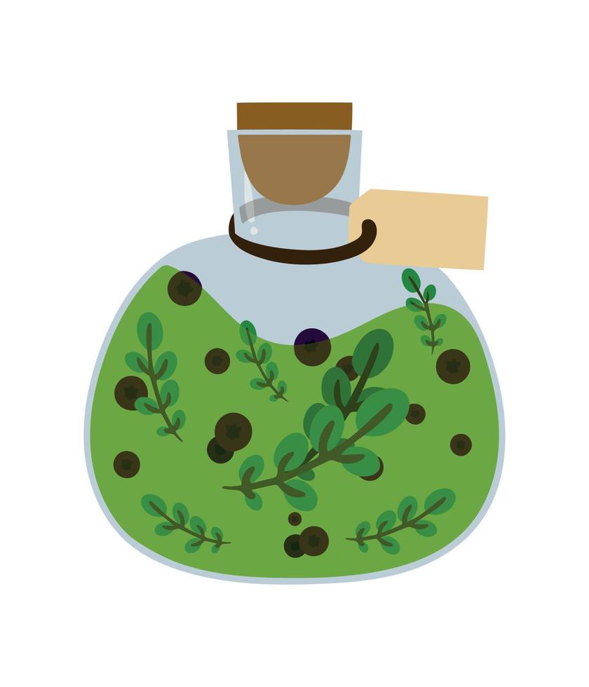 Magic potion bottle. Berries leaves green potion. Vector illustration. Design element isolated on white background
