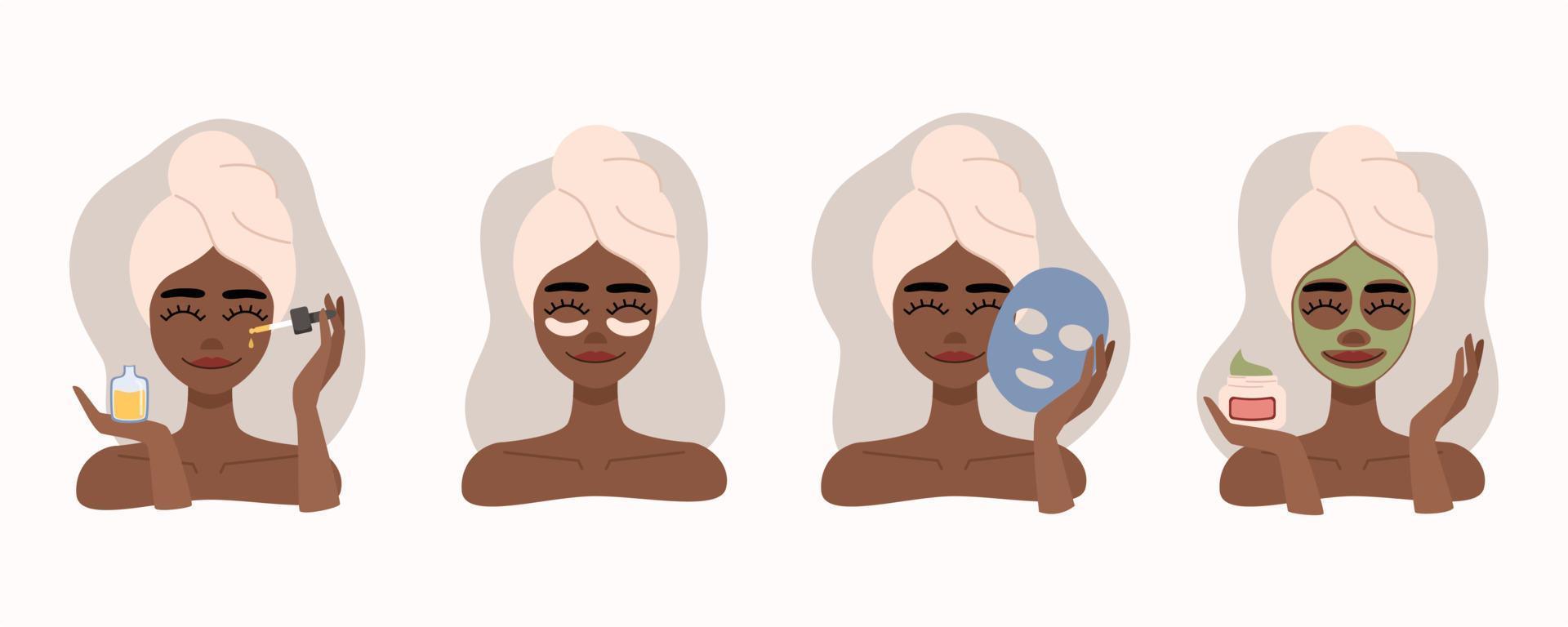 conjunto de procedimiento de belleza de icono plano. chica con toalla en la cabeza usa suero, mascarilla facial, crema y parches para los ojos vector