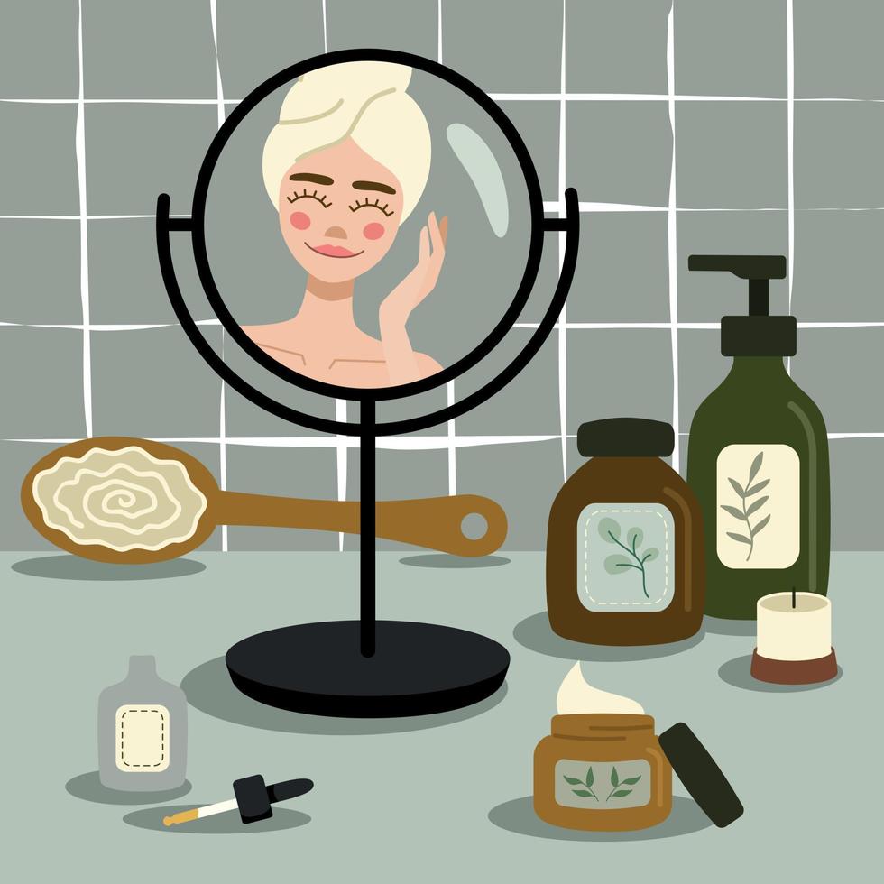 chica mira el espejo y el cuidado de la piel. elementos de botellas cosméticas. cuarto de baño y mesa de belleza. vector