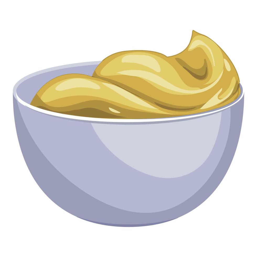 Mustard sauce bowl icon, cartoon style vector