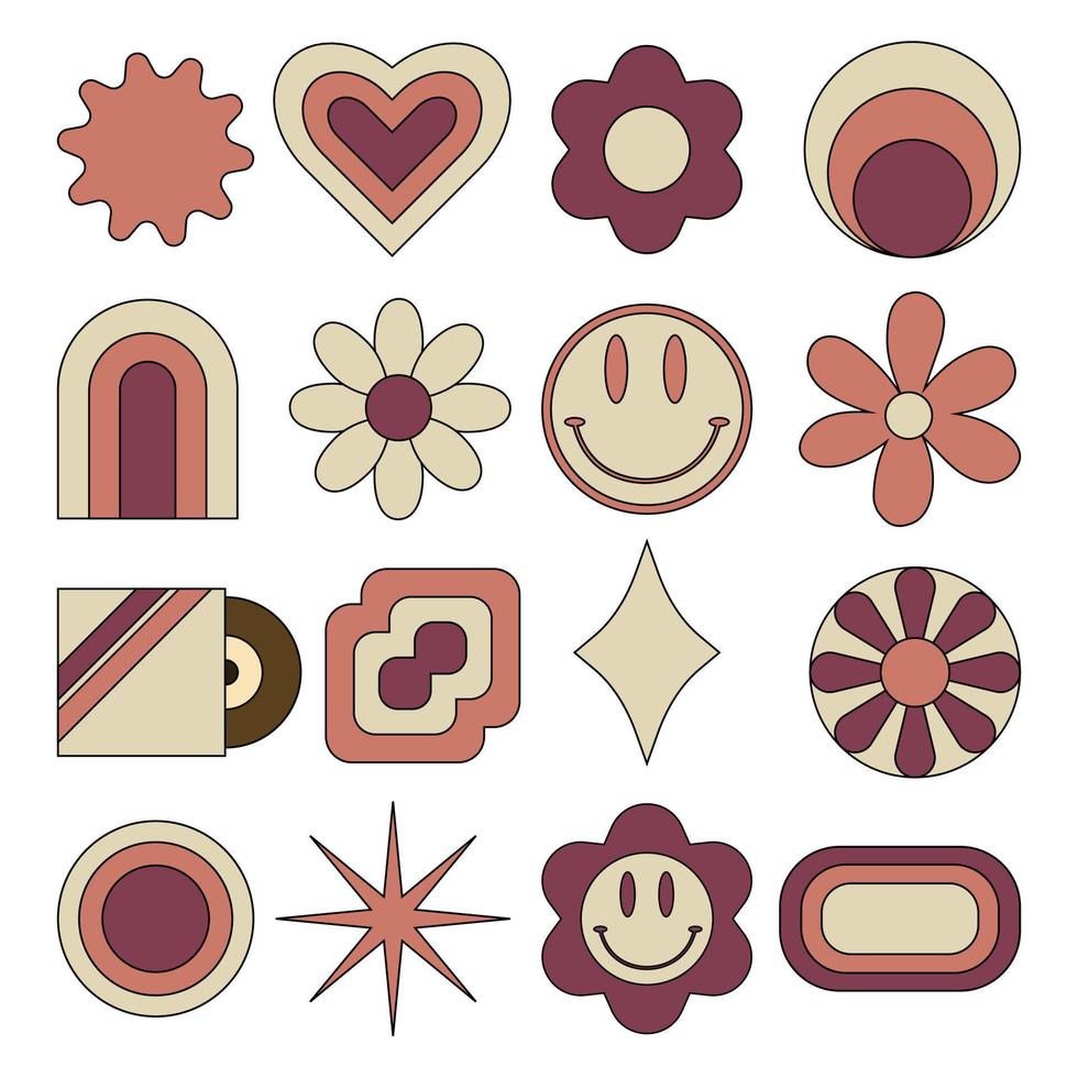 Set of retro 70s elements. Isolated retro elements. Hippie retro elements. 1970s icons. vector