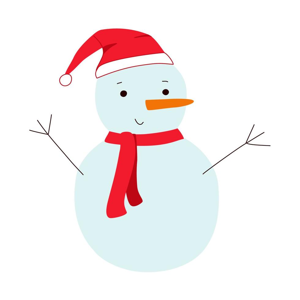 Snowman in santa claus hat with scarf and outstretched arms vector illustration. Winter seasonal character.