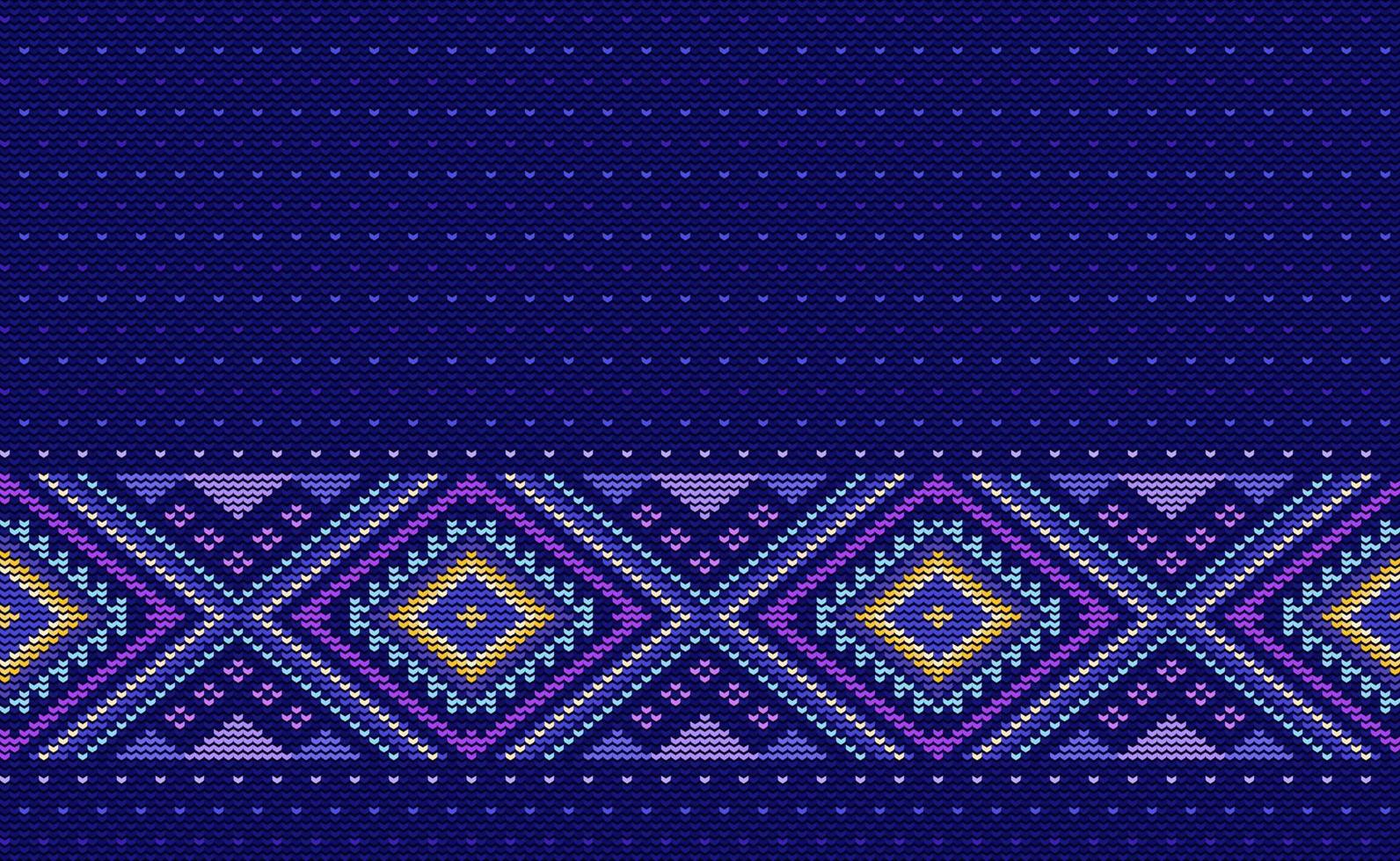 Knitted ethnic pattern, Vector cross stitch square background, Embroidery traditional antique style, Blue pattern tribal fashion, Design for textile, fabric, clothing, digital print, wall art