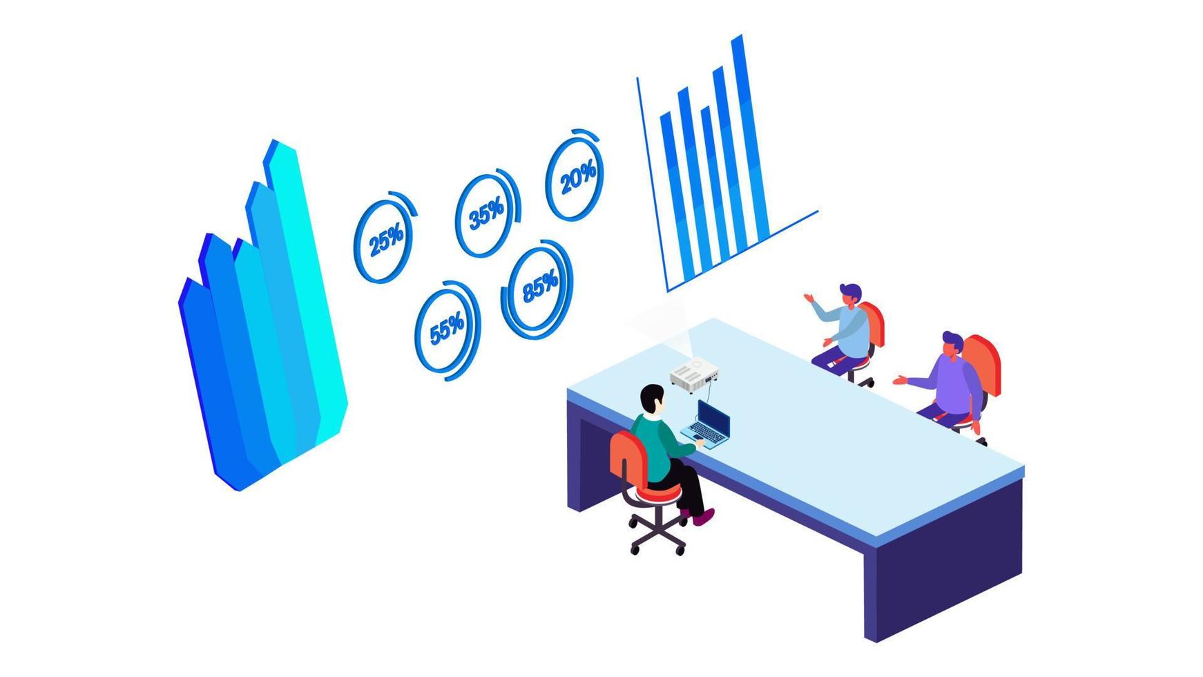 gráfico de informe actual de conferencia de oficina isométrica, gráfico circular en proyecto, diseño isométrico de trabajo en equipo. gente de negocios isométrica que tiene una reunión en el concepto de oficina vector