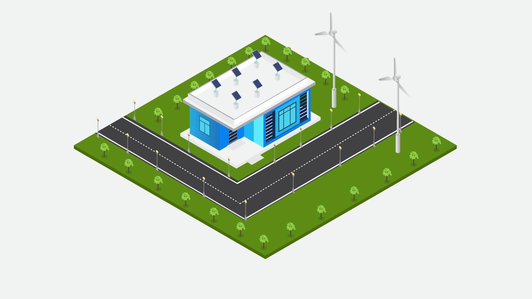 Modern green eco house with solar panels producing electricity on roof and two wind turbines isometric vector illustration.