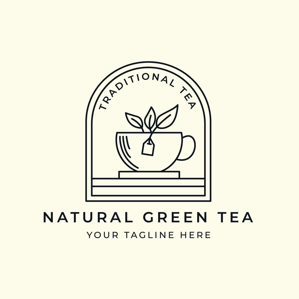 green tea line art with emblem style logo vector template illustration design, tea and cup icon concept