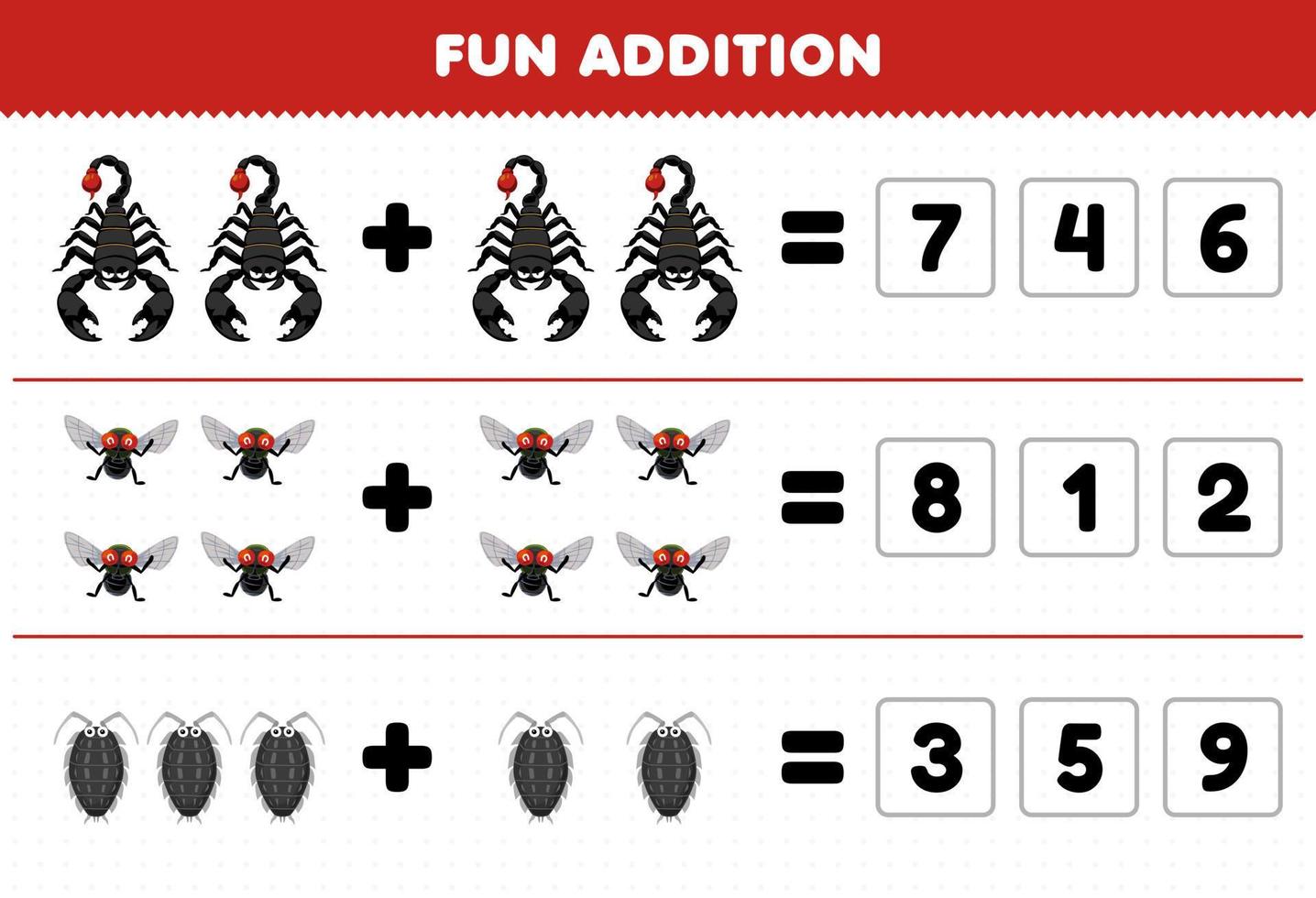 Education game for children fun addition by guess the correct number of cute cartoon scorpion fly louse printable bug worksheet vector
