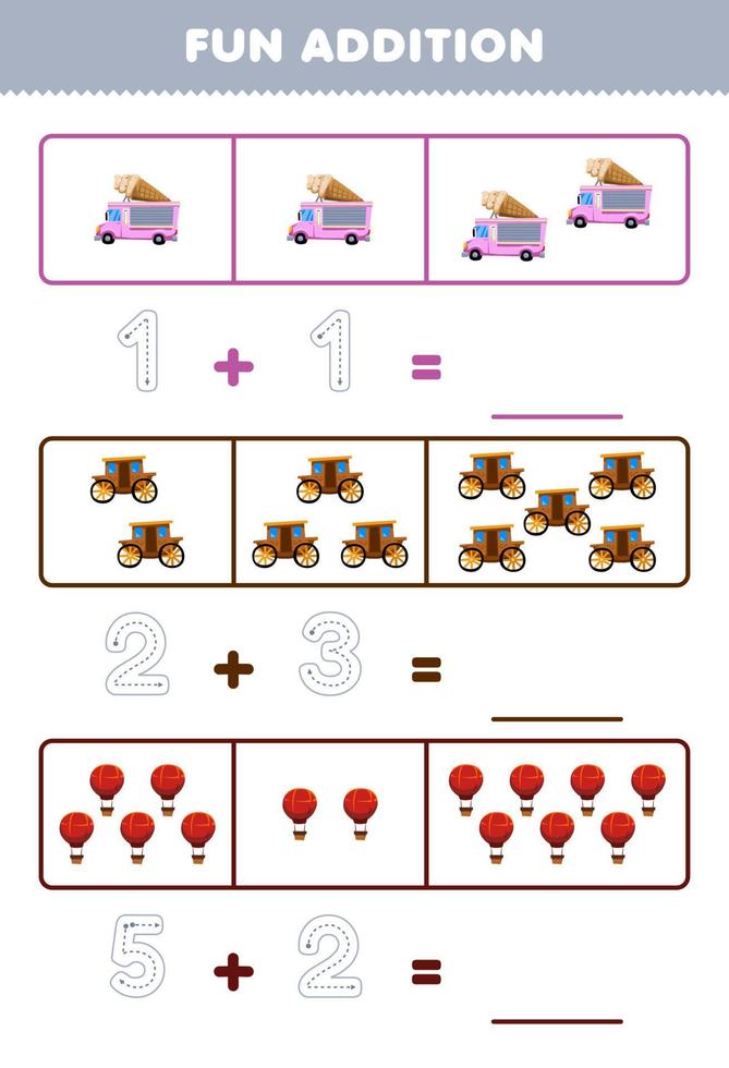 juego educativo para niños diversión adicional contando y rastreando el número de lindos dibujos animados carruaje de helado globo imprimible hoja de trabajo de transporte vector