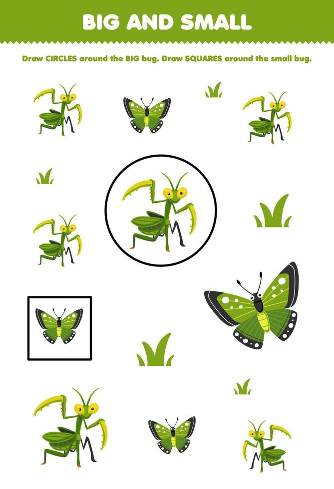 Education game for children arrange by size big or small by drawing circle and square of cute cartoon mantis butterfly grass printable bug worksheet vector