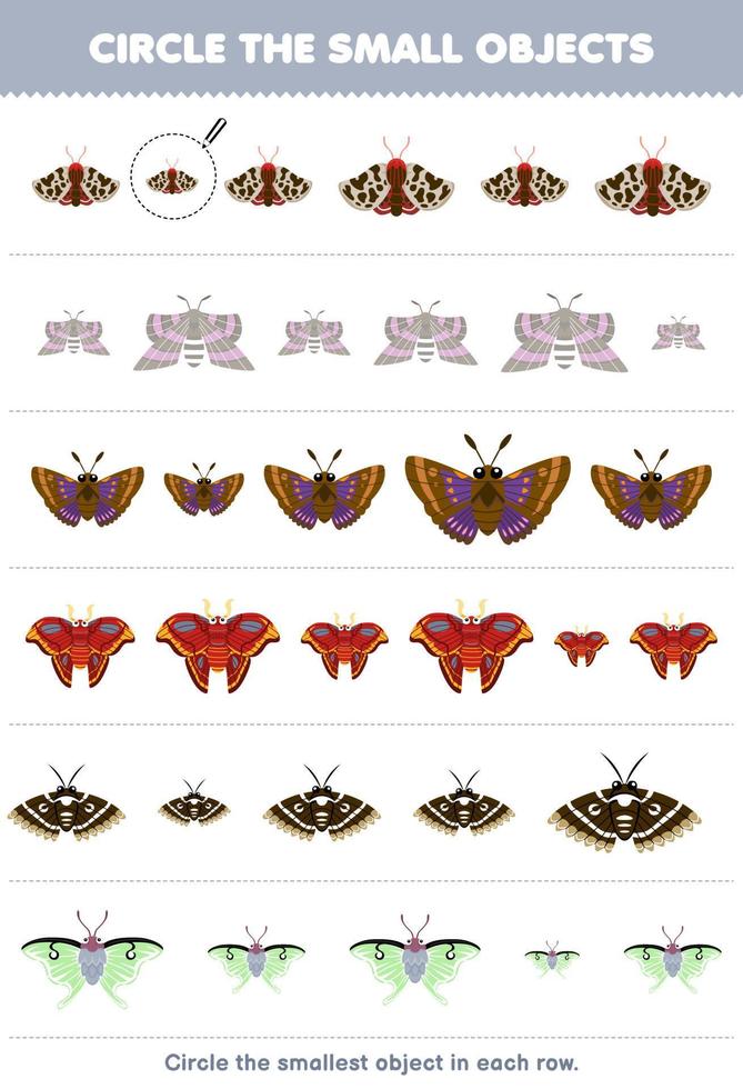 Education game for children circle the smallest object in each row of cute cartoon moth printable bug worksheet vector