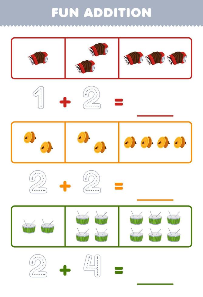 Education game for children fun addition by counting and tracing the number of cartoon accordion cymbal drum printable music instrument worksheet vector