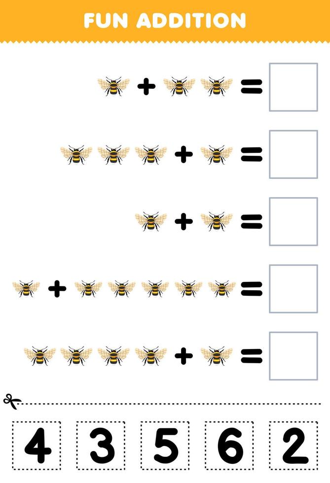 juego educativo para niños divertido además de cortar y combinar el número correcto para la hoja de trabajo de error imprimible de abeja de dibujos animados lindo vector