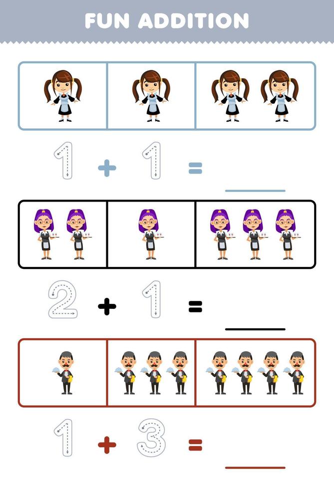 Education game for children fun addition by counting and tracing the number of cute cartoon maid waitress and waiter printable profession worksheet vector