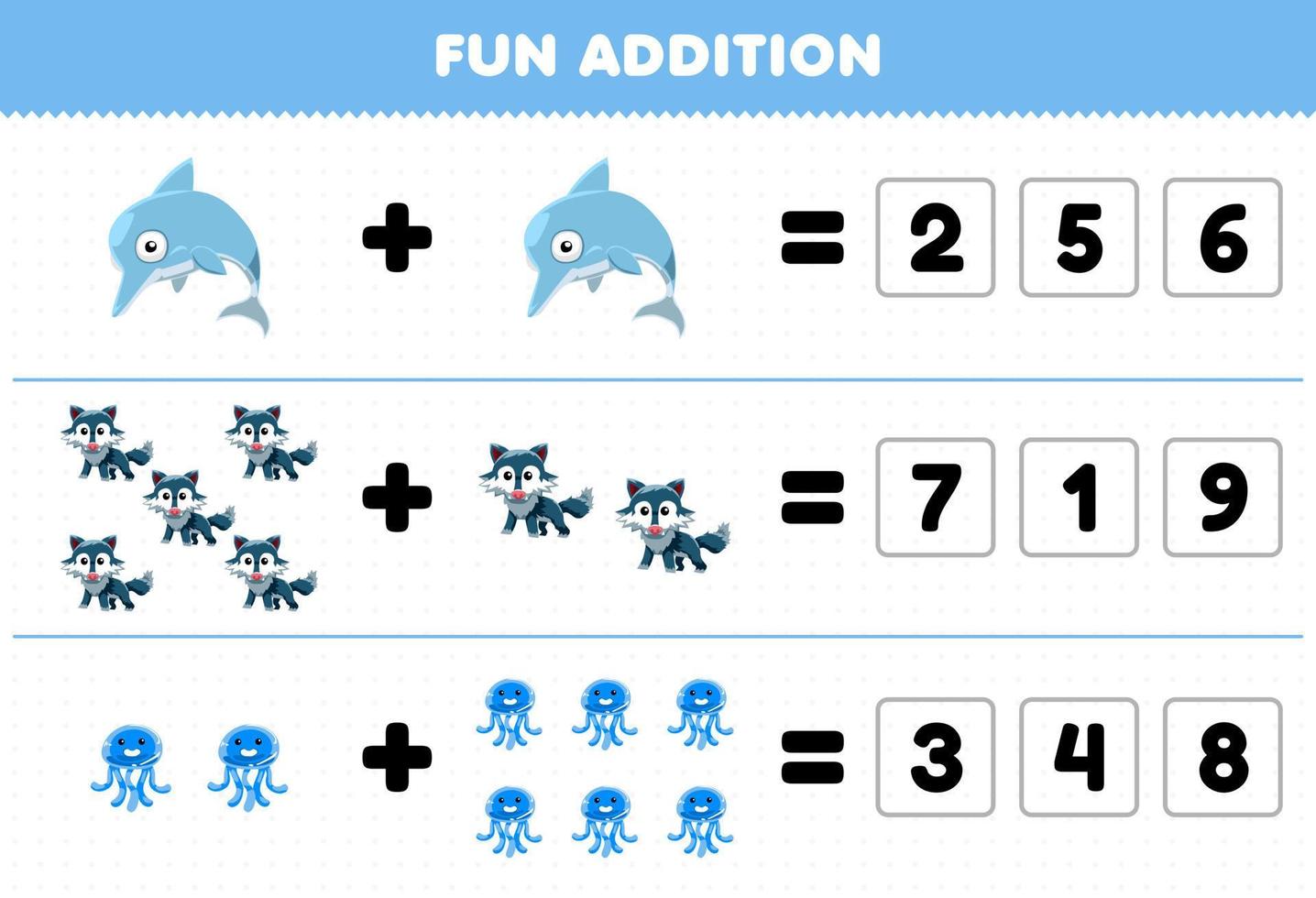 juego educativo para niños divertido además de adivinar el número correcto de hoja de trabajo imprimible animal de dibujos animados lindo delfín lobo medusa vector