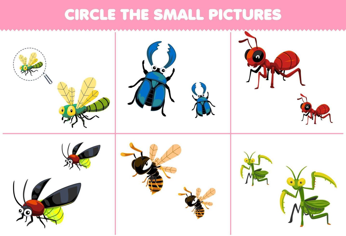 Education game for children choose the small picture of cute cartoon dragonfly beetle ant firefly bee mantis printable bug worksheet vector