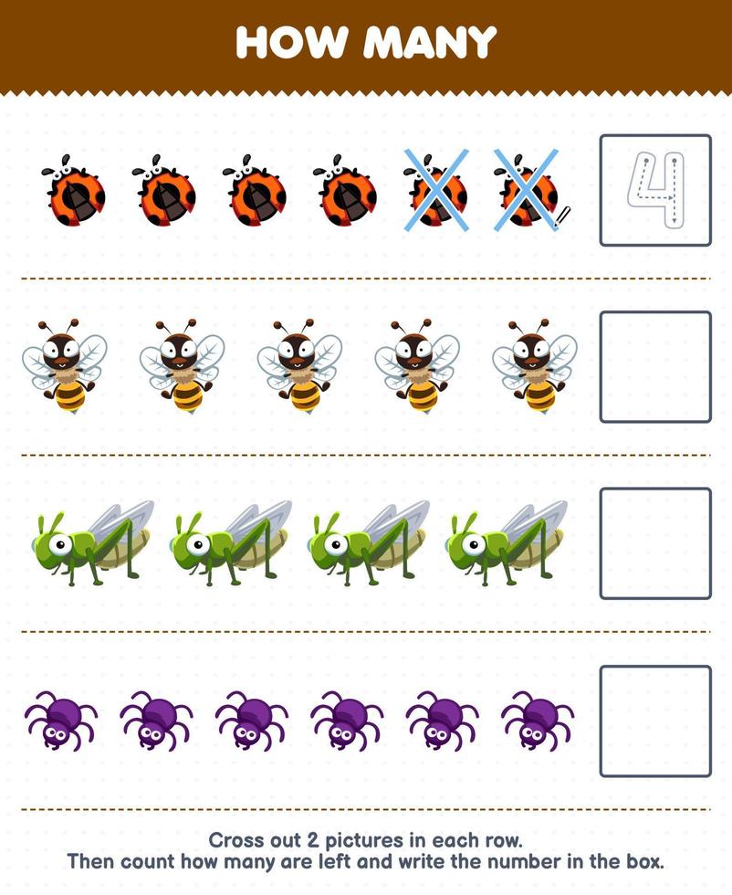 juego educativo para niños cuente cuántos lindos dibujos animados mariquita abeja saltamontes araña y escriba el número en el cuadro hoja de trabajo de animales imprimible vector