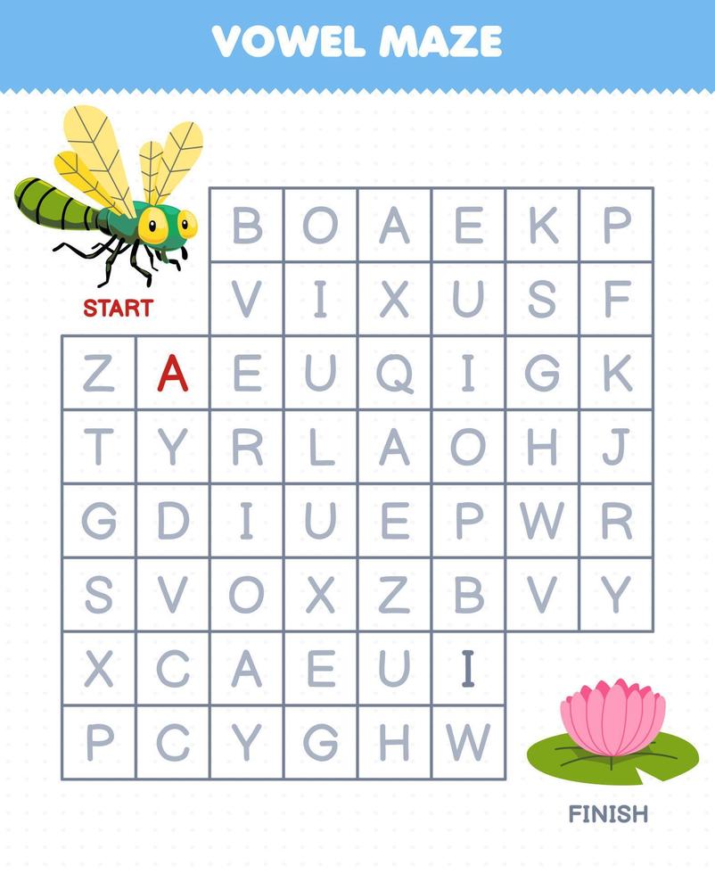 Education game for children vowel maze help cute cartoon dragonfly move to flower printable bug worksheet vector