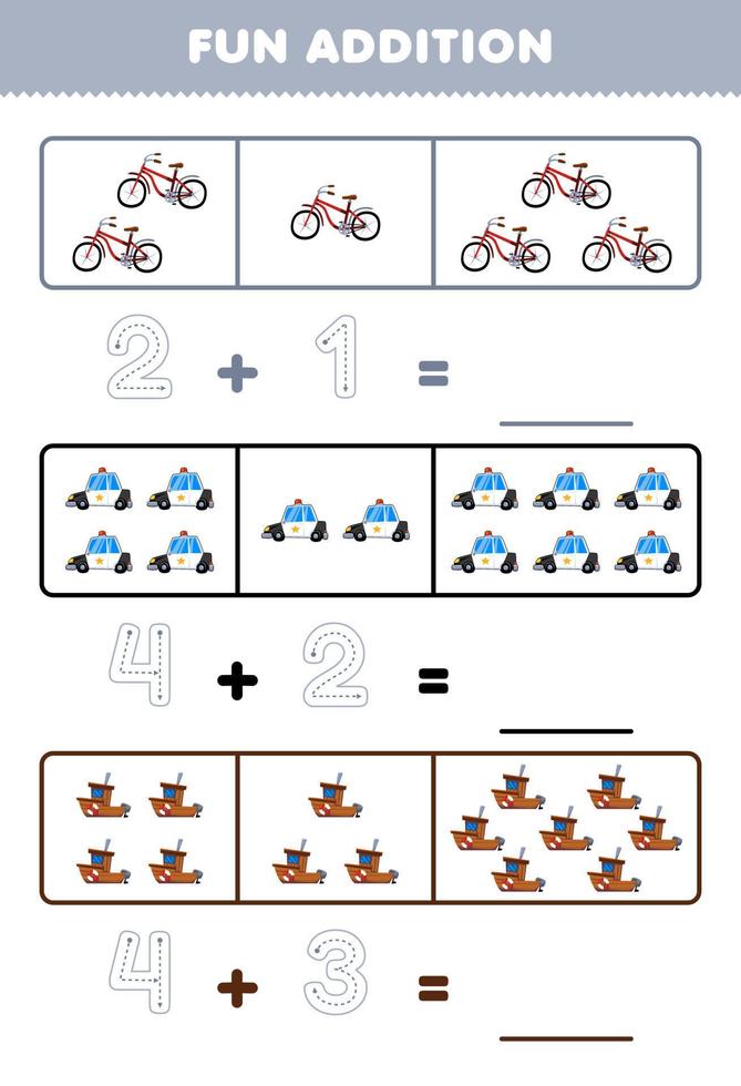 Education game for children fun addition by counting and tracing the number of cute cartoon bicycle police car ship printable transportation worksheet vector