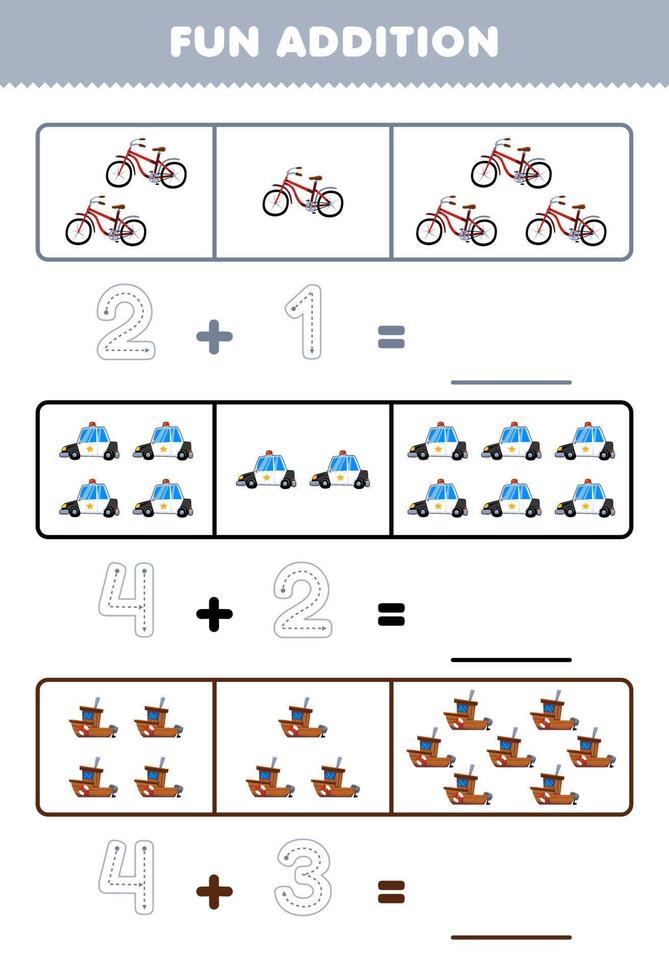 juego de educación para niños diversión adicional contando y rastreando el número de lindos dibujos animados bicicleta coche de policía barco hoja de trabajo de transporte imprimible vector