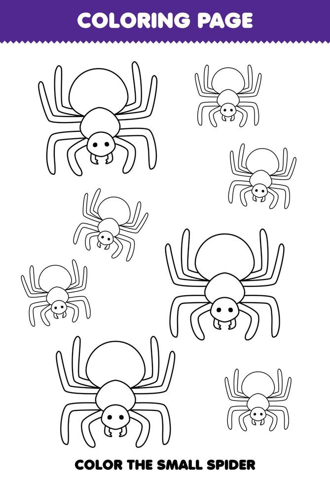 Education game for children coloring page big or small picture of cute cartoon spider line art printable bug worksheet vector