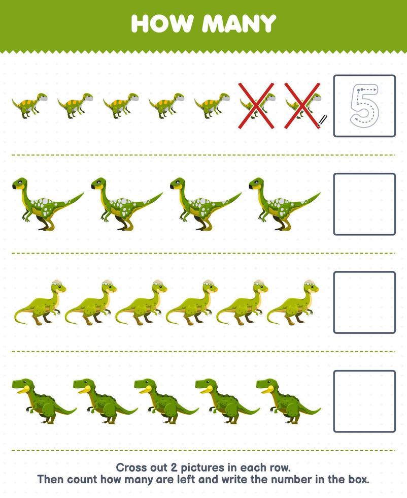 juego educativo para niños cuente cuántos dinosaurios verdes de dibujos animados lindos y escriba el número en el cuadro hoja de trabajo de dinosaurio prehistórico imprimible vector