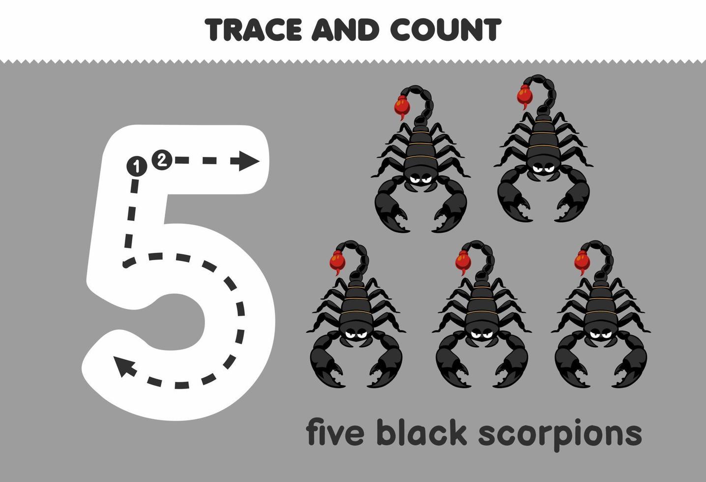 juego educativo para niños diversión contando cinco escorpiones negros hoja de trabajo de error imprimible vector
