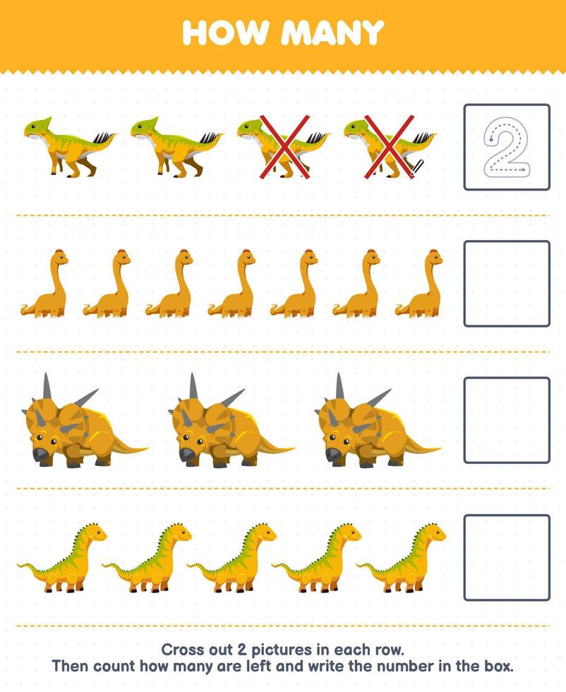 juego educativo para niños cuente cuántos dino amarillo de dibujos animados lindo y escriba el número en el cuadro hoja de trabajo de dinosaurio prehistórico imprimible vector