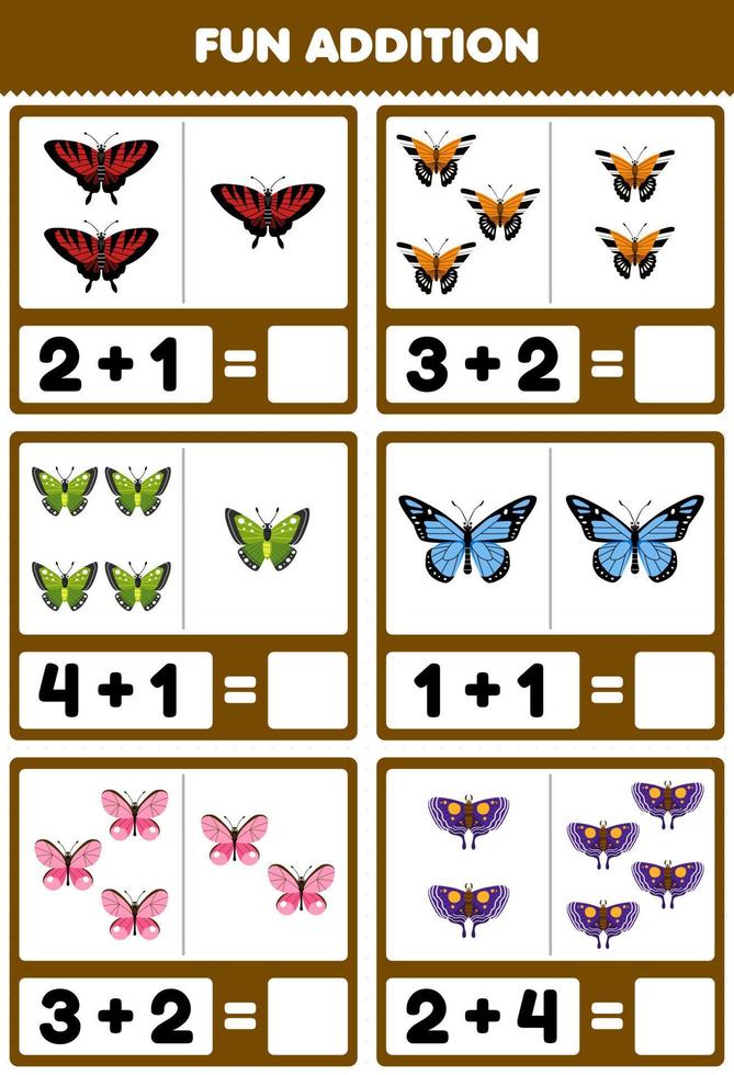 Education game for children fun addition by counting and sum of cute cartoon butterfly printable bug worksheet vector