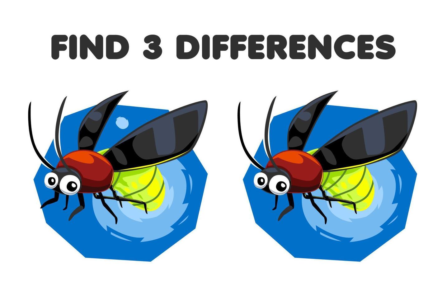 Education game for children find three differences between two cute cartoon firefly printable bug worksheet vector