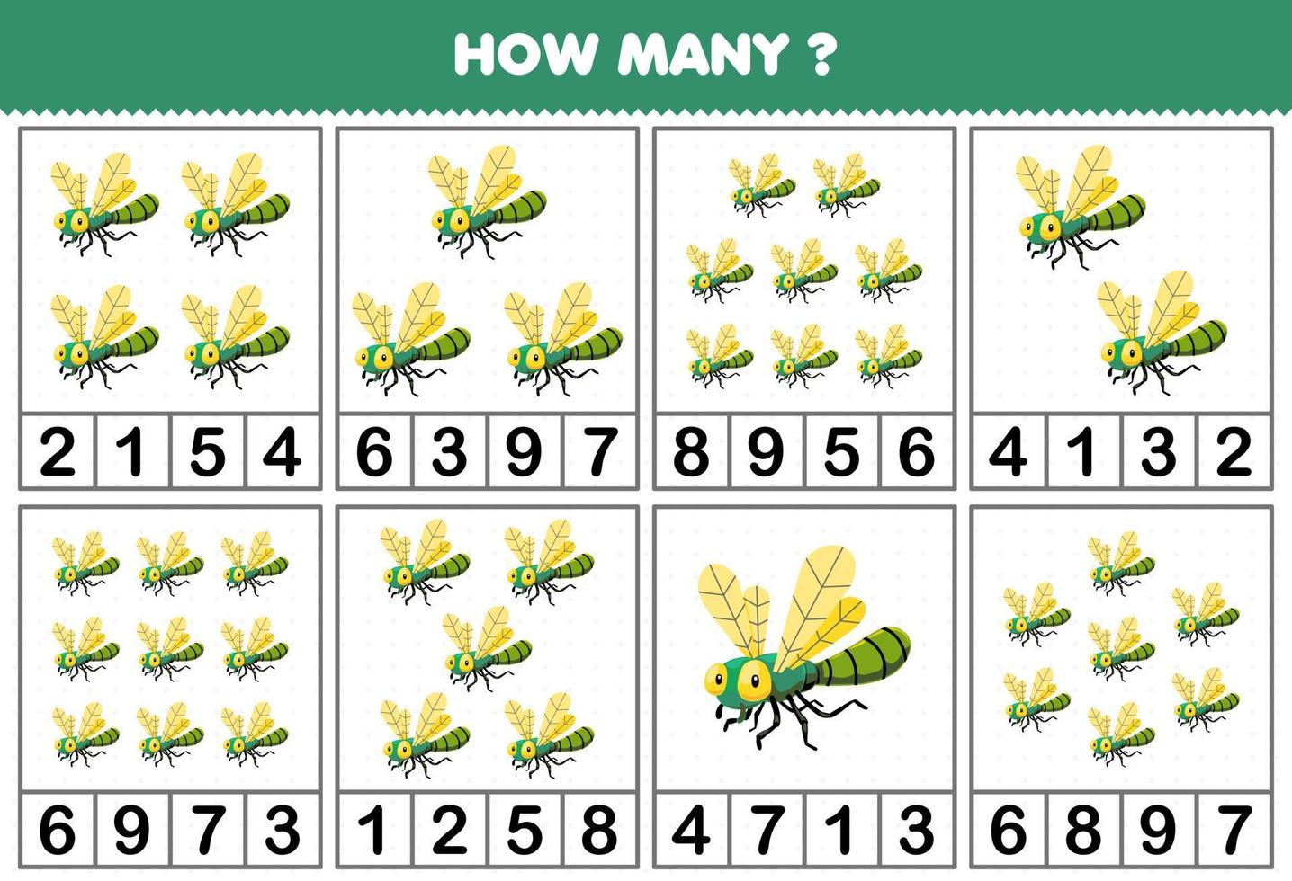 Education game for children counting how many cute cartoon dragonfly in each table printable bug worksheet vector