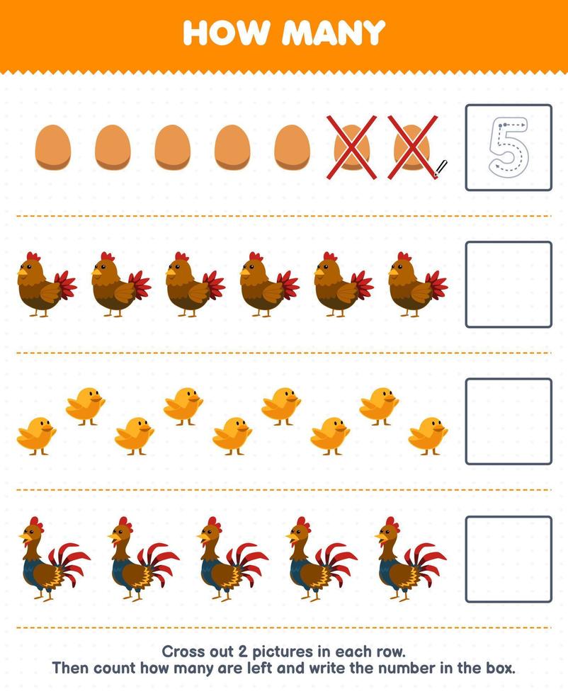 Education game for children count how many cute cartoon egg hen chick rooster chicken and write the number in the box printable farm worksheet vector