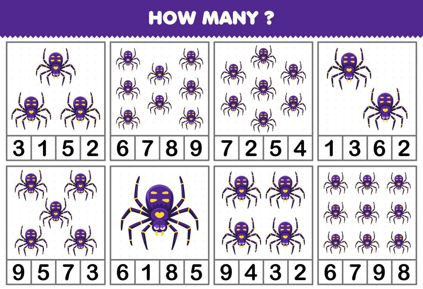 Education game for children counting how many cute cartoon spider in each table printable bug worksheet vector