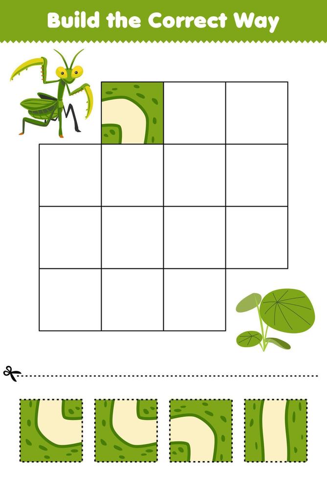 juego educativo para niños construye la manera correcta ayuda a la linda mantis de dibujos animados a moverse a la hoja de trabajo imprimible de insectos de la planta vector