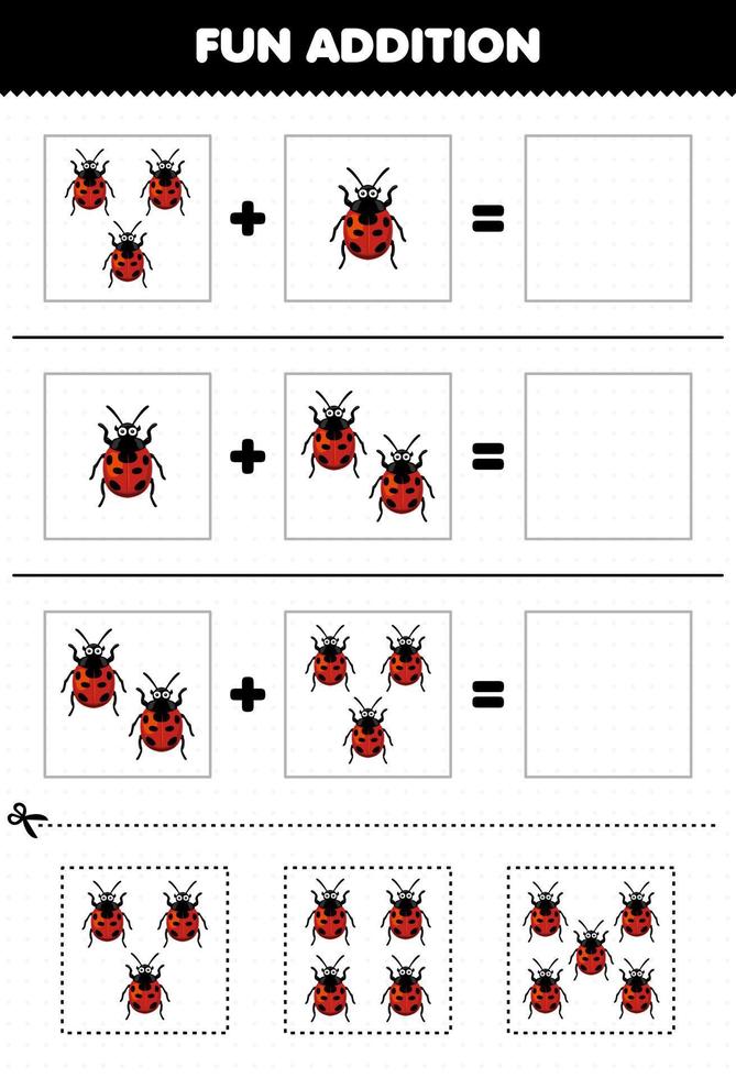 Education game for children fun addition by cut and match of cute cartoon ladybug pictures for printable bug worksheet vector