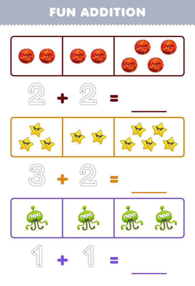 Education game for children fun addition by counting and tracing the number of cute cartoon planet star alien printable solar system worksheet vector