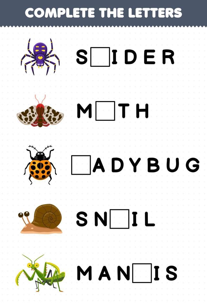 juego educativo para niños completar las letras de la linda caricatura araña polilla mariquita caracol mantis hoja de trabajo de error imprimible vector