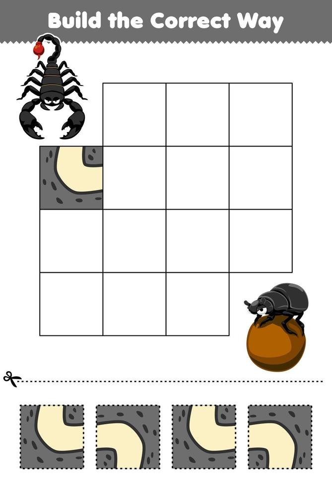 Education game for children build the correct way help cute cartoon scorpion move to beetle printable bug worksheet vector