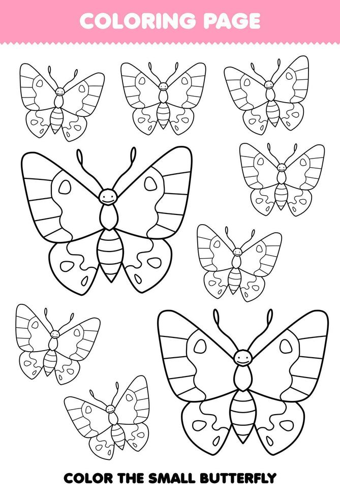 Education game for children coloring page big or small picture of cute cartoon butterfly line art printable bug worksheet vector
