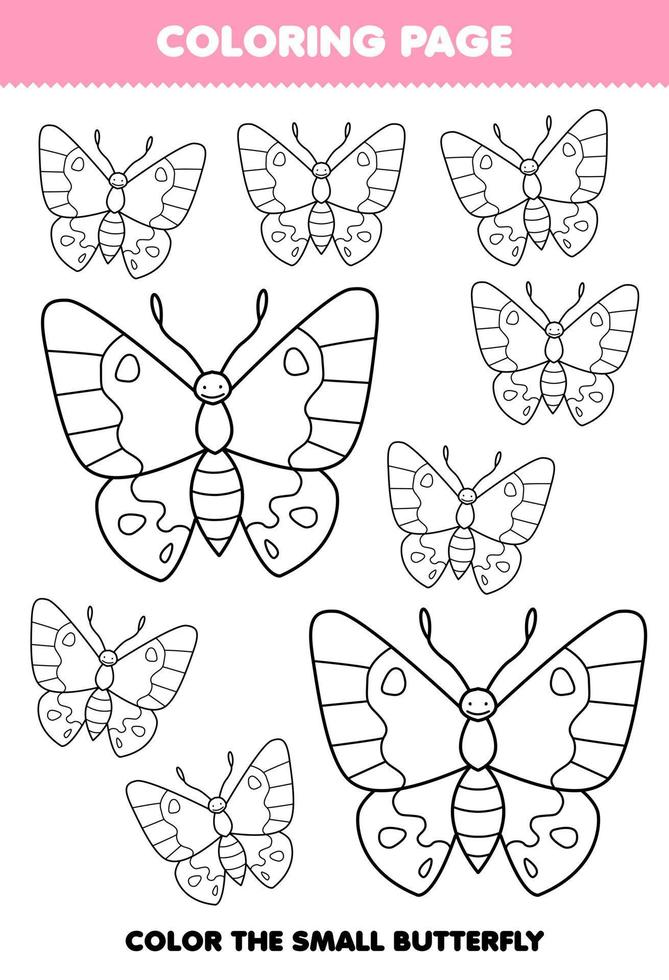 Education game for children coloring page big or small picture of cute cartoon butterfly line art printable bug worksheet vector