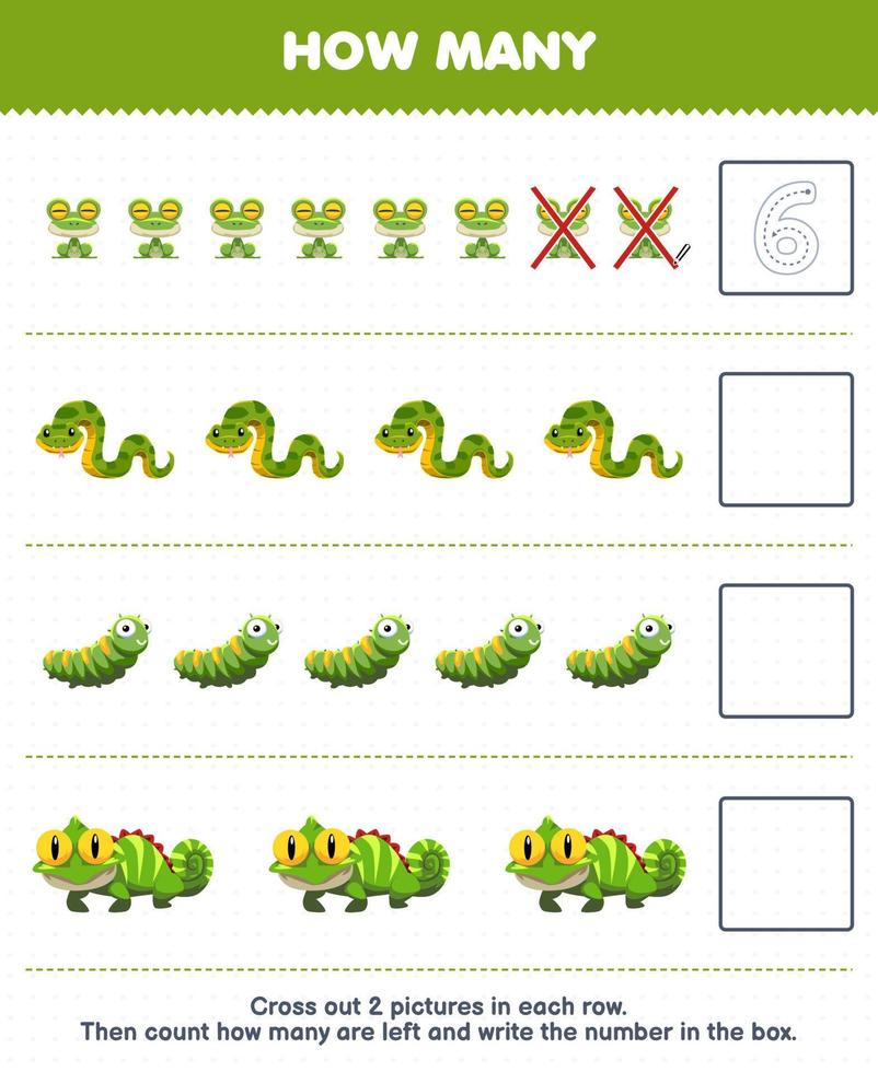 Education game for children count how many cute cartoon frog snake caterpillar iguana and write the number in the box printable animal worksheet vector