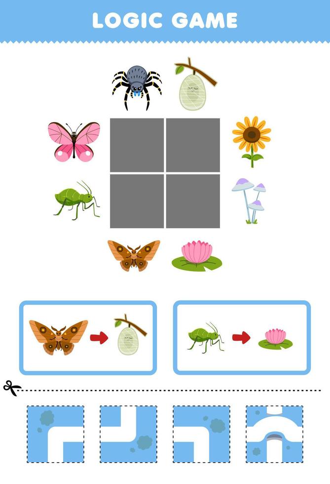 juego educativo para niños rompecabezas de lógica construir el camino para mariposas y áfidos pasar a capullo y flor hoja de trabajo de insectos imprimible vector