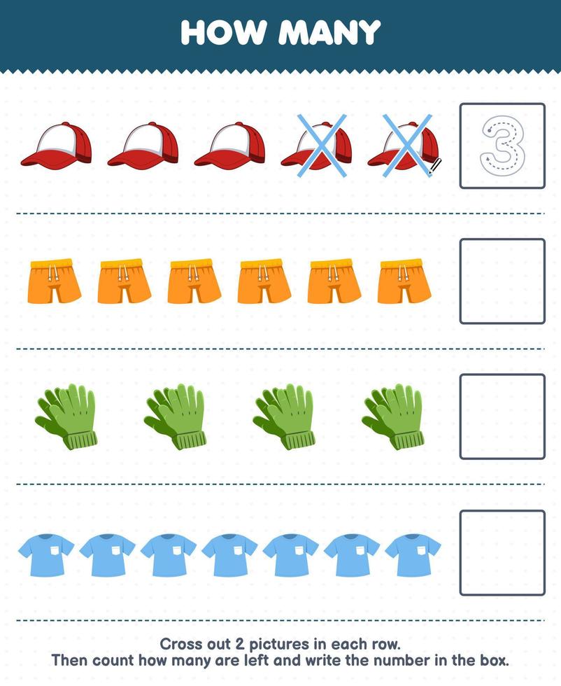 Education game for children count how many cute cartoon cap pant glove t shirt and write the number in the box printable wearable clothes worksheet vector