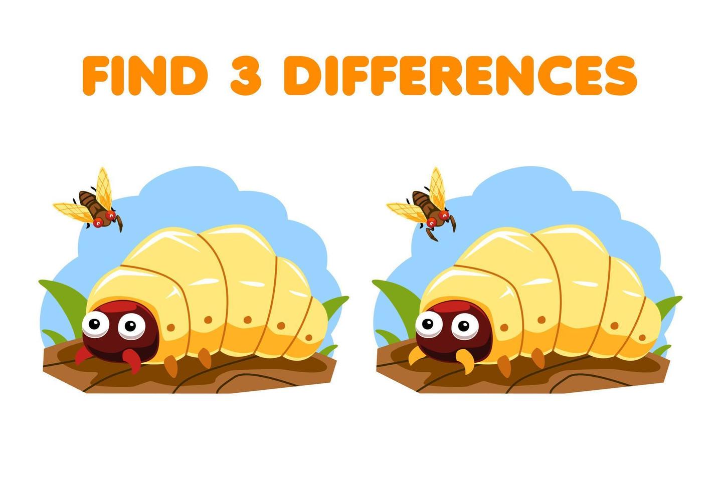 Education game for children find three differences between two cute cartoon maggot printable bug worksheet vector