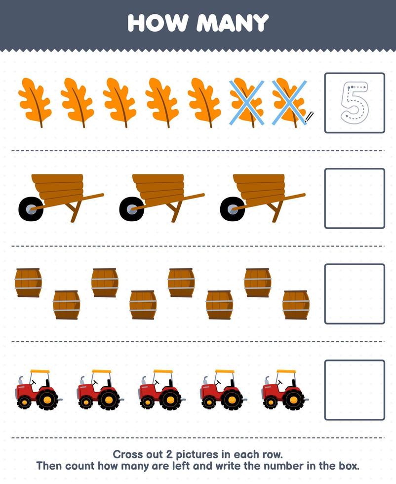 Education game for children count how many cute cartoon leaf wheelbarrow barrel tractor and write the number in the box printable farm worksheet vector