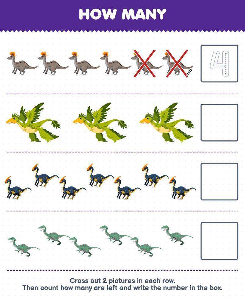 Education game for children count how many cute cartoon lambeosaurus microraptor parasaurlophus velociraptor and write the number in the box printable prehistoric dinosaur worksheet vector