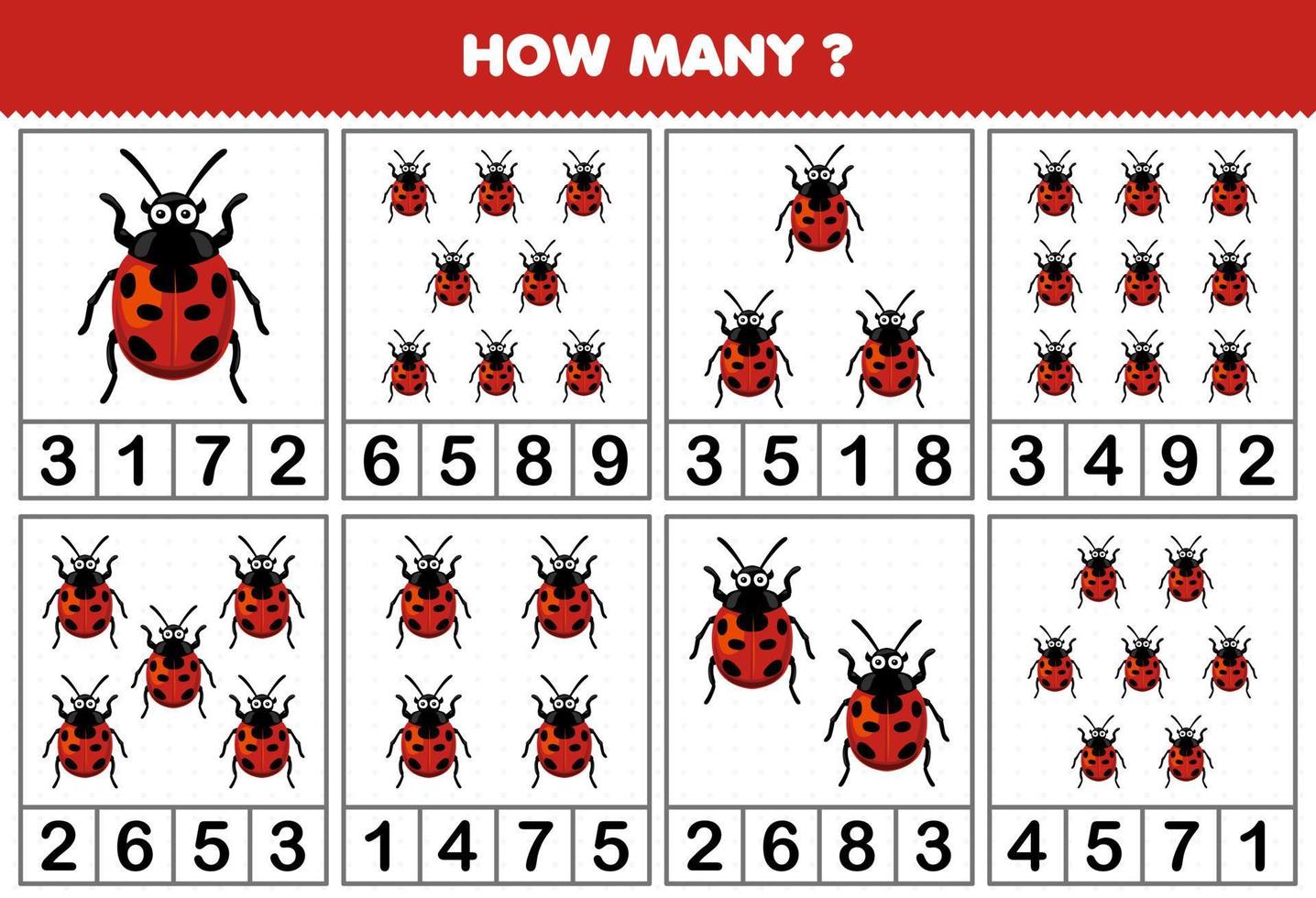 Education game for children counting how many cute cartoon ladybug in each table printable bug worksheet vector