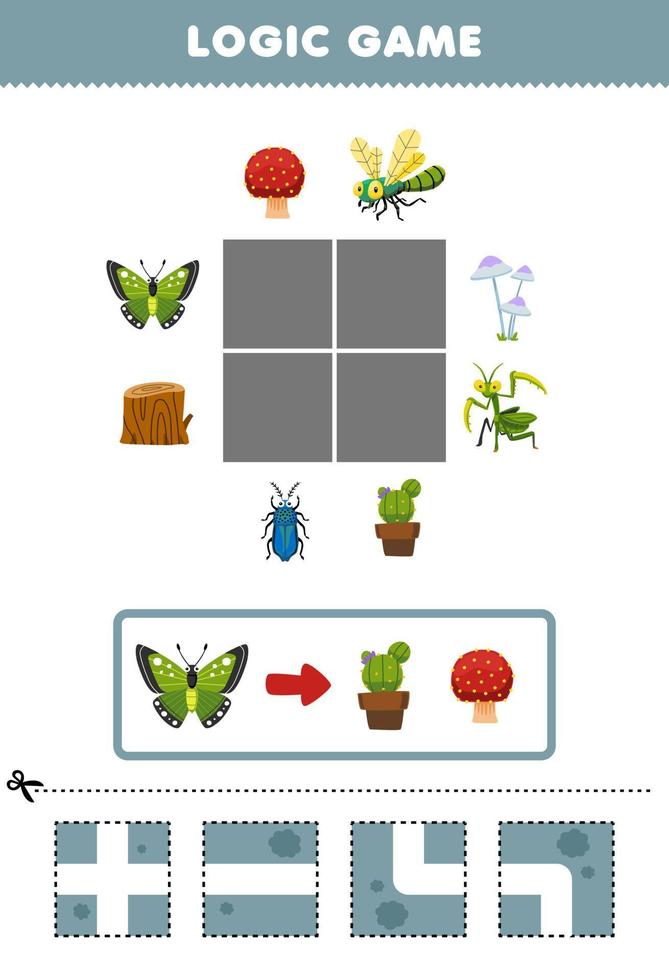 Education game for children logic puzzle build the road for butterfly move to cactus pot and mushroom printable bug worksheet vector