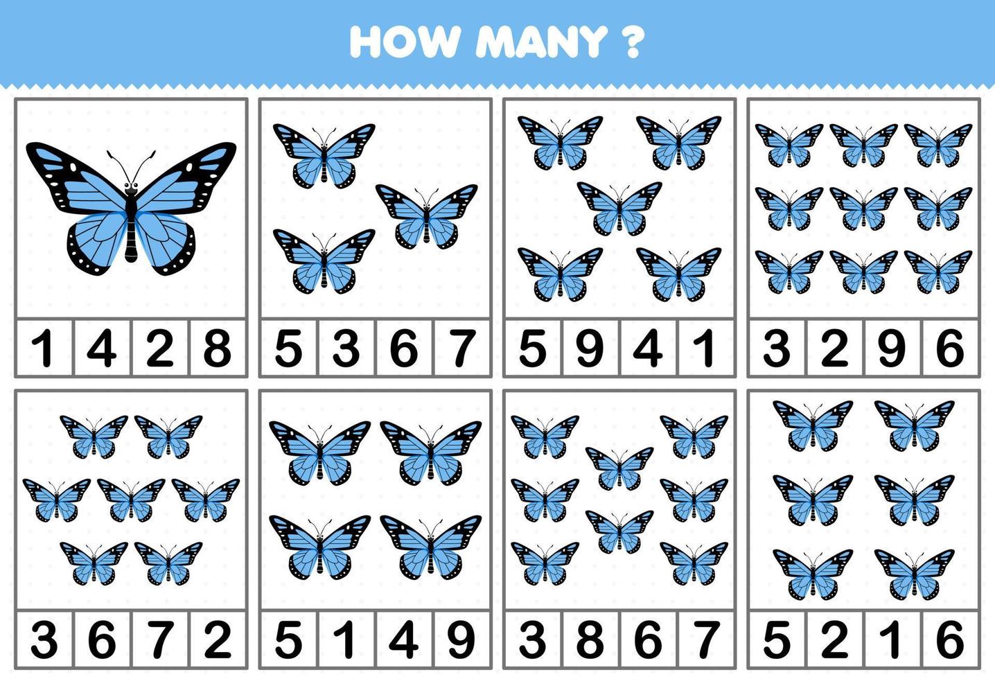 juego educativo para niños contando cuántas lindas mariposas de dibujos animados hay en cada mesa hoja de trabajo de error imprimible vector